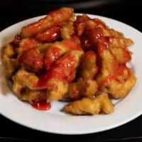 Sweet And Sour Chicken 甜酸鸡 · Fried until a golden brown, these crispy chicken pieces are then drizzled with our homemade ...