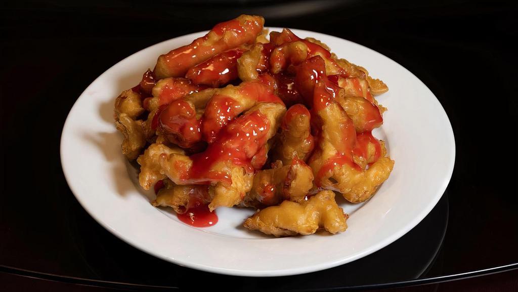 Sweet And Sour Chicken 甜酸鸡 · Fried until a golden brown, these crispy chicken pieces are then drizzled with our homemade sweet and sour sauce.