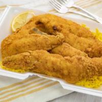 Fried Fish · 3 large pieces of (Whiting) deep-fried with your choice of 2 sides and bread. (ALL PORTIONS ...