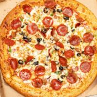 The Works · Traditional tomato sauce, pepperoni, Italian sausage, fresh red onions, fresh green peppers,...