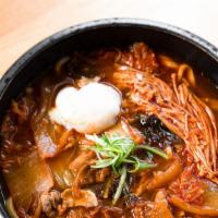 Pork Kimchi Udon · Thin slices of pork belly, kimchi (spicy pickle cabbage ), enoki mushroom, poached egg.