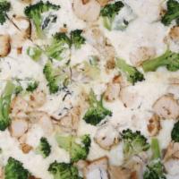 Chicken & Broccoli Alfredo Pizza · Chicken and broccoli with homemade Alfredo sauce.