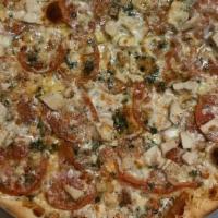 3 Topping Pizza · Our Scratch Made Italian style hand tossed dough topped with our house made pizza sauce, Moz...