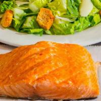 Salmon Caesar Salad  (10 Oz) · Romaine lettuce, croutons, shaved Parmesan and homemade caesar dressing. Served with grilled...