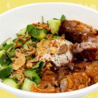 Lechon Kawali · Crispy Porkbelly with Dirty Rice, Soft Egg, Cucumber Salad and Mang Tom Sauce