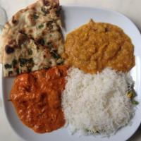 Non-Vegetable Combo 1 · Chicken curry, rice, one naan.