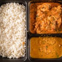 Non-Vegetable Combo 2 · Goat curry, one vegetable, rice, one naan, and salad.