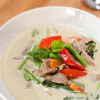 Green Curry (Spicy) · Coconut Green Curry, Long Bean, Bell Pepper, Thai Basil