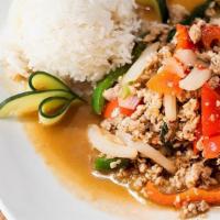 Chicken Or Pork Ka Prao (Spicy) · Onion, Bell Pepper, Thai Basil, Thai Chili