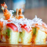 Coco Shrimp · shrimp tempura, avocado, cucumber wrap by soy paper W. salmon, tuna, white tuna on topped  W...