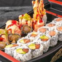 David Boat · spicy tuna roll, salmon avocado roll, patriots special roll, served with miso soup