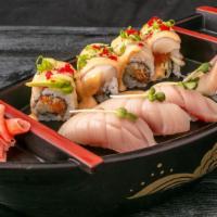 Thursday Boat · Special tuna roll (spicy), tuna sashimi 3 pcs, tuna sushi 3 pcs, served with miso soup
