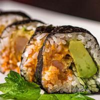Crunchy Shrimp Maki-Roll · Tempura shrimp with avocado, cucumber, spicy sauce.