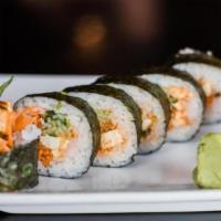 Hot Hippy Roll · Spicy marinated tofu with scallions, peanuts, cucumbers and carrots. Vegan.