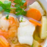 Seafood Soup (Size Quart) · Shrimp, scallop, crab, mussel, and mixed vegetables.