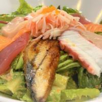 House Sashimi Salad · Sliced eel, tuna, salmon, octopus, yellowtail, crab meat on top of avocado, seaweed salad mi...