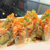 Sunshine Roll (8 Pieces) · Inside: shrimp tempura and avocado. Top: spicy crab meat, scallion, and masago with eel sauce.
