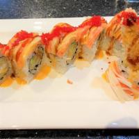 Angel Roll (8 Pieces) · Inside: shrimp tempura and avocado. Top: crab meat, tobiko, spicy mayo sauce, and eel sauce.