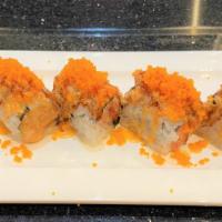 Spicy Lady Roll (8 Pieces) · Inside: spicy salmon and spicy tuna. Top: masago, spicy mayo and eel sauce.