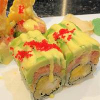 April Roll (8 Pieces) · Inside: shrimp tempura and mango. Top: spicy tuna, avocado, red tobiko, and house special sa...