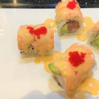 Triple Fish Roll (8 Pieces) · Inside: tuna, salmon, yellowtail, and avocado. Top: tiger shrimp and tobiko and house specia...