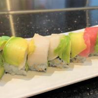 Rainbow Roll (8 Pieces) · Inside: crab meat and cucumber. Top: tuna, salmon, white fish, and avocado.