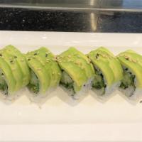 Veggie Lover Roll · Inside: seaweed salad, asparagus & Cucumber Top: Sliced avocado