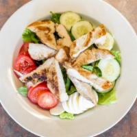 Grilled Chicken Salad · Lettuce, tomato, green peppers, cucumber and hard boiled egg with grilled chicken. Served wi...