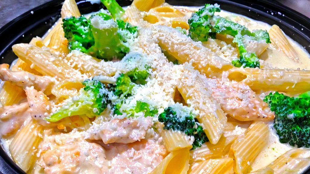 Ziti With Chicken & Broccoli Alfredo · Fresh pasta with saute'd chicken and broccoli in a creamy Alfredo sauce.