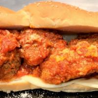 Classic 50/50 · Chicken Parm on one half, Meatballs on the other side. Topped with tomato sauce and cheese. ...