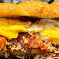 Steak & Egg W/Cheese & Bacon · Shaved Sirloin Steak with melted cheese topped with Bacon and a farm fresh egg. Jumbo size h...