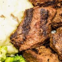 Sirloin Steak Tips Entree · Angus Sirloin Steak Tips, marinated and grilled on our BBQ pit.   Includes a choice of two s...