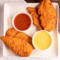 Chicken Tenders · Fresh chicken tenders strips breaded, fried and accompanied by BBQ & honey mustard sauces.