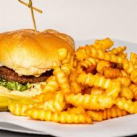 Cheeseburger · Served with lettuce tomatoes pickles onions and bostonian sauce. also served with french fri...