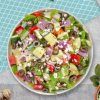 Salad For The Gods · Iceberg lettuce, carrots, Kalamata olives, green peppers, cucumbers, onions, pepperoncini, t...
