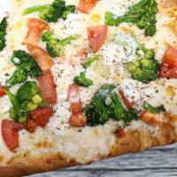 White Veggie Flatbread · Broccoli, fresh tomatoes, oregano, ricotta cheese, fresh garlic, olive oil and mozzarella. N...
