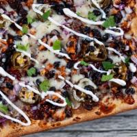 Bbq Chicken Flatbread · Grilled chicken, mozzarella, jalapenos, red onions, BBQ sauce and sour cream on the side.