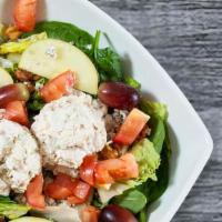 Waldorf Chicken Salad · Fresh made chicken salad (chicken breast mixed with celery and mayonnaise), mixed greens, fr...