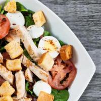 Spinach And Grilled Chicken Salad · Baby spinach, fresh tomatoes, chicken, hard-boiled egg, bacon, croutons and house balsamic v...