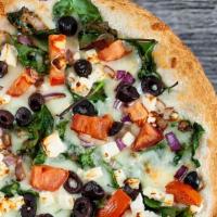 Mediterranean Pizza · Feta cheese, mozzarella, tomatoes, onions, baby spinach, Kalamata olives, fresh garlic and o...
