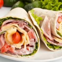 Ham & Cheese Roll-Up · Layers of sliced deli ham and American
cheese with fresh lettuce and tomato, rolled in
a lar...