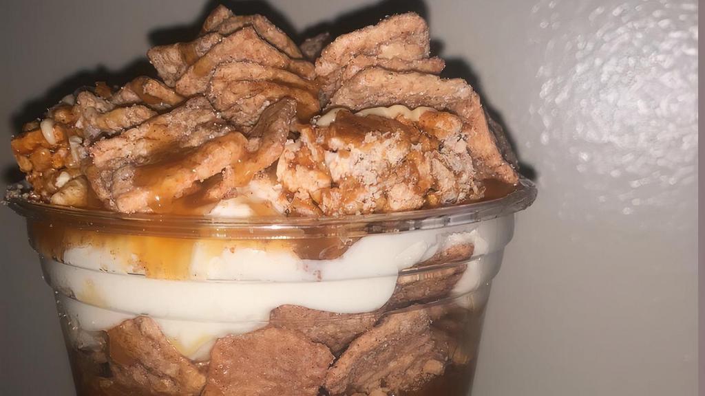 Cinnatoast Cheesecake Cup · Our creamy cheesecake with Cinnamon Toast Crunch cereal and graham cracker crust