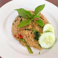 Basil Fried Rice · Fried rice with a choice of meat with basil leaf, green-red pepper, onions, and garlic.