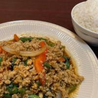 Hot Basil (Grapao) · Thai chili, red-green pepper, onions, and basil leaf. Served with rice.