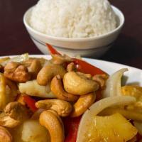 Cashew Nut · Roasted cashew nut, pineapple, mushroom, onions, carrot, tomato, green-red pepper, and scall...