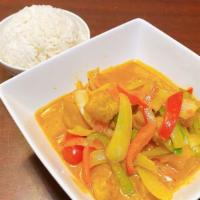 Yellow Curry · Pineapple, onions, tomato, carrot, and red-green pepper. Served with rice.