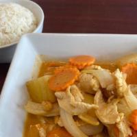 Massaman Curry · Potato, onions, carrot, peanut, and massaman curry paste. Served with rice.