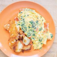 Spinach, Cheese & Tomato Omelette · Served with home fries and toast.