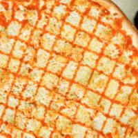 18” Hand-Tossed Buffalo Chicken Pie · White Pie. 100% whole milk mozzarella, chicken marinated in a blend of buffalo sauce and ble...