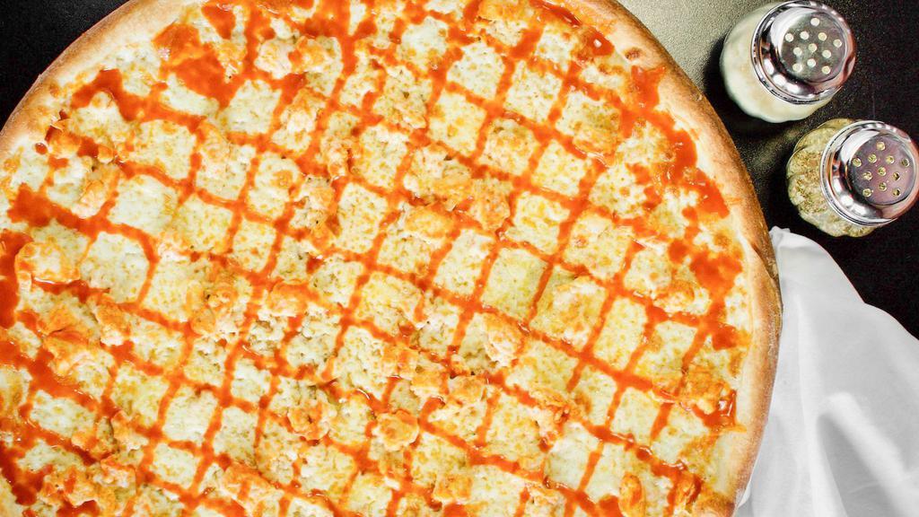 18” Hand-Tossed Buffalo Chicken Pie · White Pie. 100% whole milk mozzarella, chicken marinated in a blend of buffalo sauce and bleu cheese dressing, topped with a hearty drizzle of buffalo sauce.